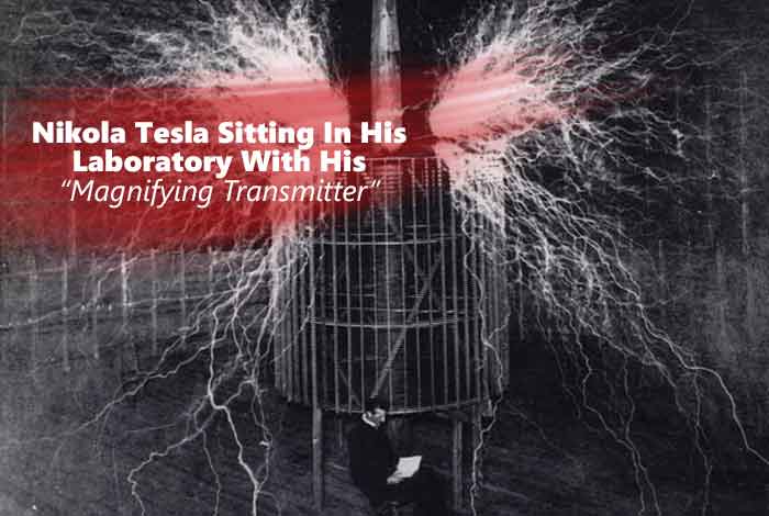 Nikola Tesla Sitting in His Laboratory with His “Magnifying Transmitter